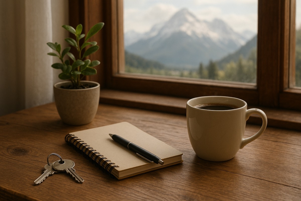 Clés, carnet et café devant une fenêtre sur la montagne