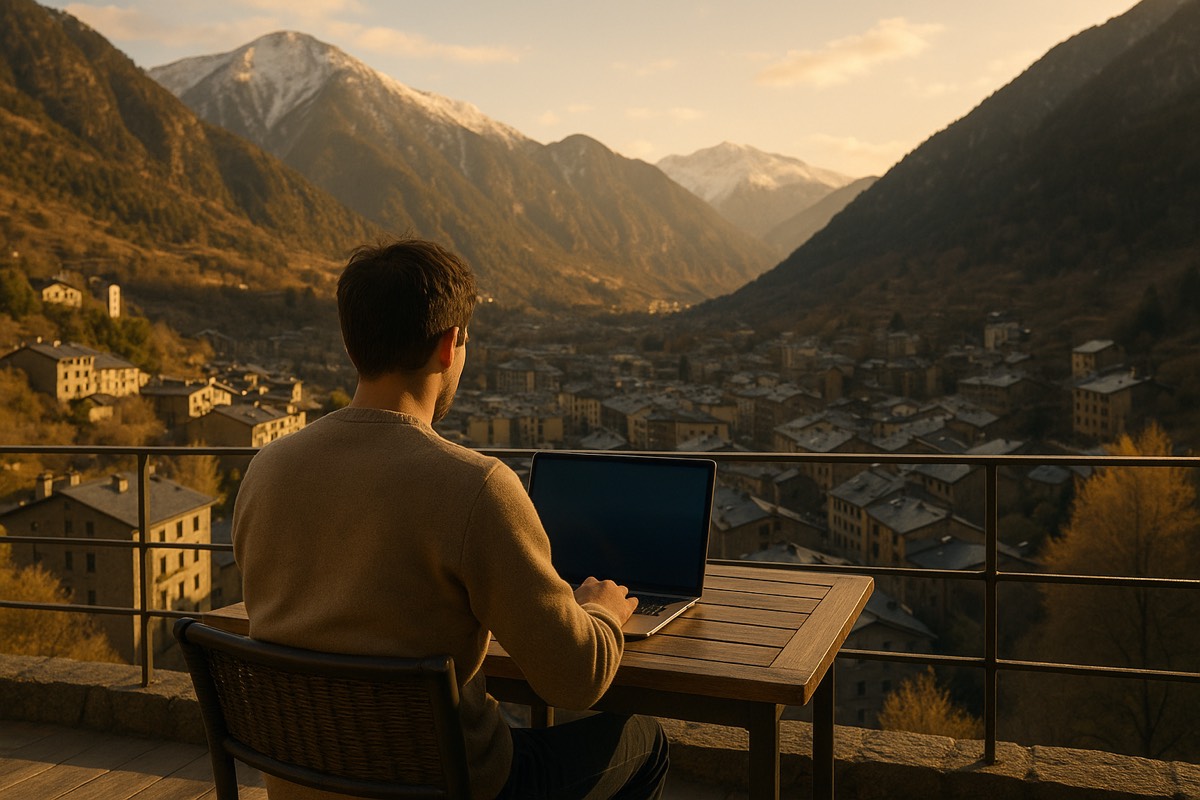 Télétravailleur face à une vallée andorrane